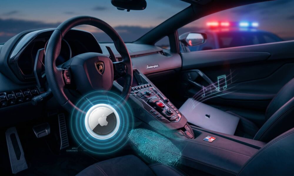 An abstract tech crime conceptual illustration inside a left-hand drive luxury sports car interior at dusk, featuring a glowing Apple AirTag tracker graphic, digital fingerprint evidence, a MacBook with neon musical notes on the passenger seat, and flashing police lights visible through the window.