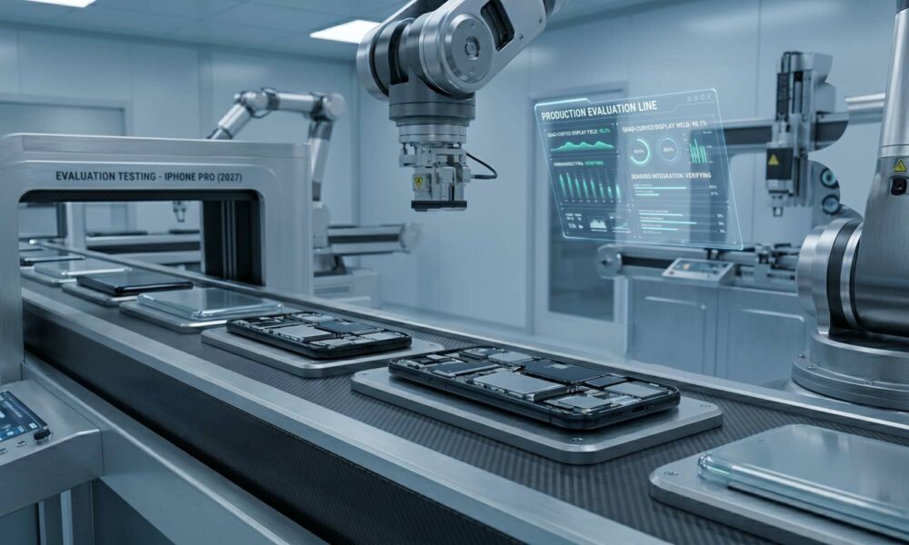 AI concept image of a futuristic, automated factory assembly line with robotic arms evaluating flat 2027 iPhone Pro prototypes on a moving conveyor belt. A glowing holographic HUD interface displays real-time testing analytics in a clean, high-tech manufacturing facility.