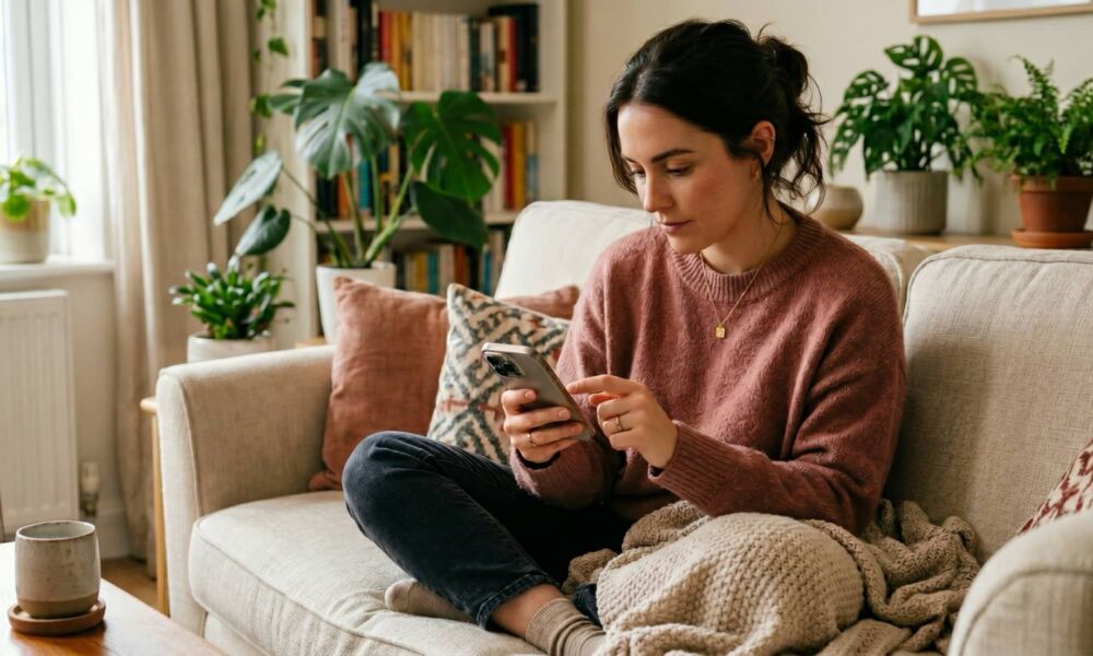 A focused woman sits on a cozy sofa, using her iPhone to curate digital memories and place colorful stickers within a personalized scrapbooking app interface.