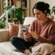 A focused woman sits on a cozy sofa, using her iPhone to curate digital memories and place colorful stickers within a personalized scrapbooking app interface.