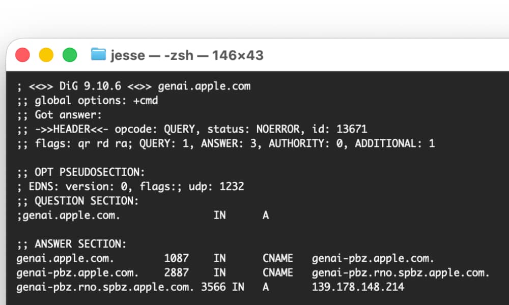 macOS Terminal window showing the results of a "dig" command for genai.apple.com.
