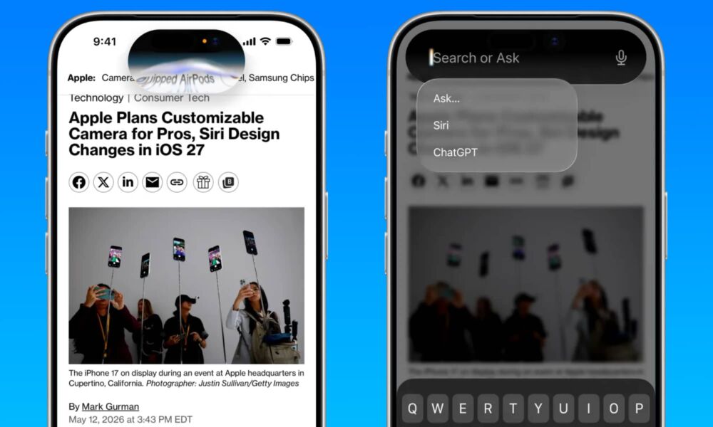 Renders of the new Dynamic Island Siri interface rumored for iOS 27.