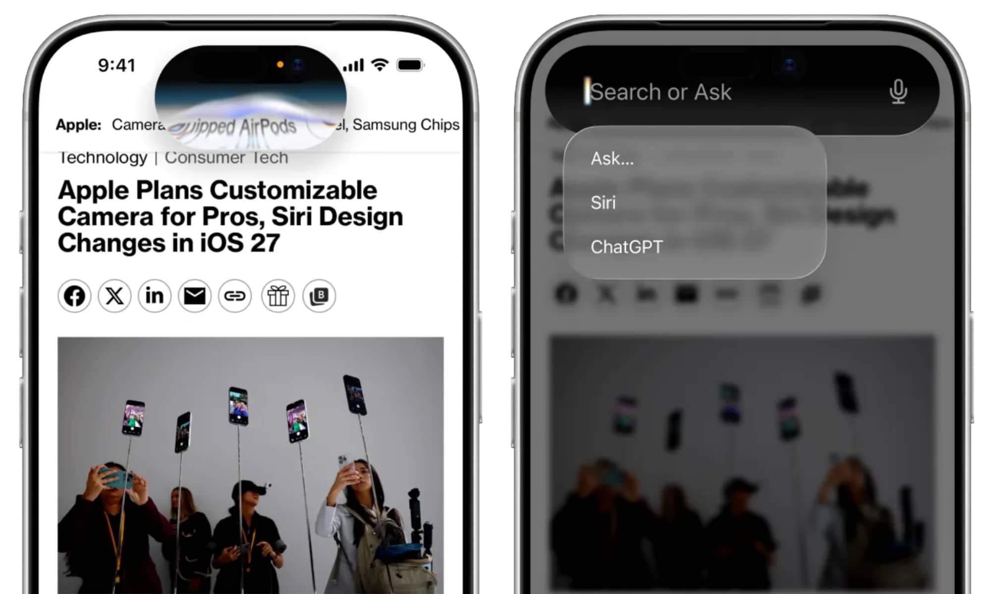 Renders of the new Dynamic Island Siri interface rumored for iOS 27.