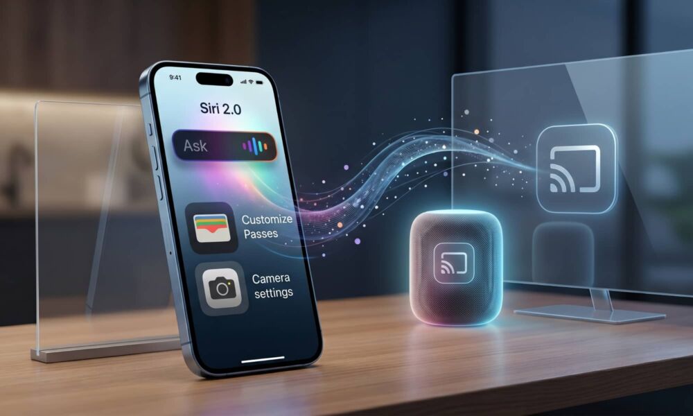 A conceptual image of an iPhone running iOS 27, showing a dark-mode Siri 'Ask' bar with a colorful waveform, alongside icons for custom Wallet passes and camera settings. Glowing data streams connect the iPhone to a stylized speaker and screen, representing native Google Cast support.