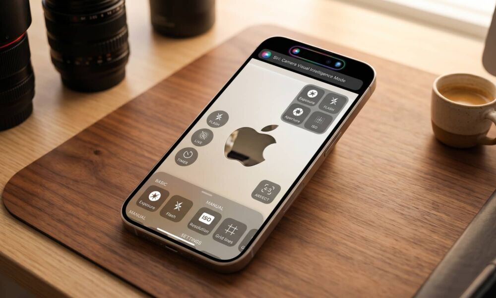 An iPhone rests on a wooden desk mat, displaying a concept rendering of the iOS 27 modular Camera app interface. The screen shows rearranged floating widgets for ISO, Exposure, Aperture, and Flash, alongside a visualization for 'Siri: Camera Visual Intelligence Mode' in the Dynamic Island. The viewfinder focuses on a classic Apple logo, demonstrating deep customizability.