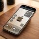 An iPhone rests on a wooden desk mat, displaying a concept rendering of the iOS 27 modular Camera app interface. The screen shows rearranged floating widgets for ISO, Exposure, Aperture, and Flash, alongside a visualization for 'Siri: Camera Visual Intelligence Mode' in the Dynamic Island. The viewfinder focuses on a classic Apple logo, demonstrating deep customizability.
