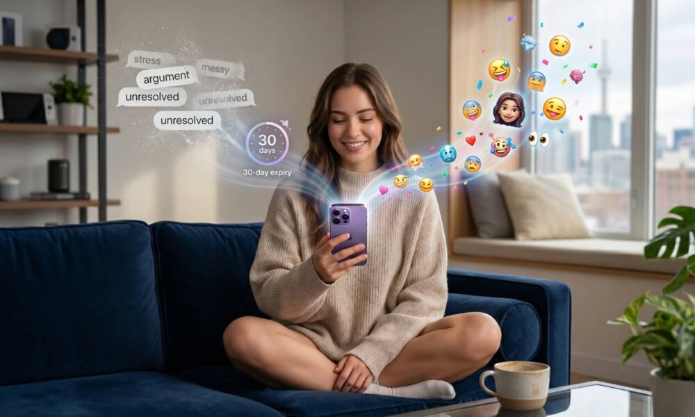 A woman sits cross-legged on a couch using her purple iPhone. To her left, stressful text message bubbles like "argument" and "unresolved" dissolve into digital dust next to a glowing 30-day expiry timer graphic. To her right, a vibrant stream of colorful, expressive Genmoji characters erupts from the screen, set against a bright modern apartment background.