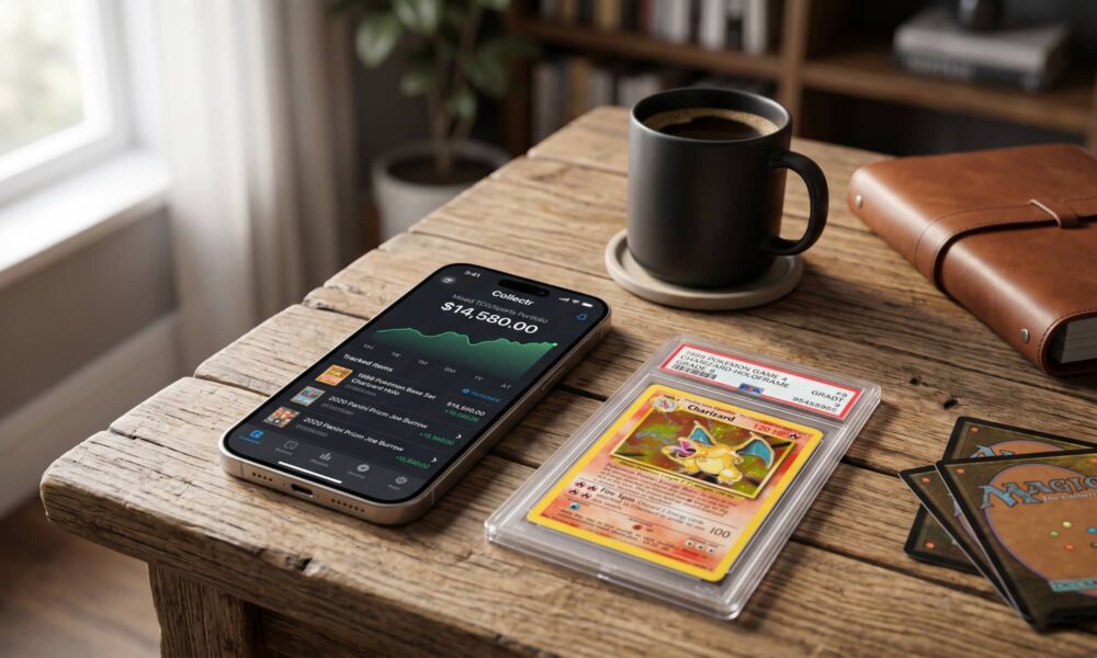 An iPhone 17 Pro displaying the Collectr app portfolio dashboard sits on a wooden desk next to a PSA 9 graded Charizard card, a leather binder, and a black coffee mug.