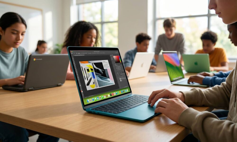 An AI-generated landscape photograph showing a focused student in a modern, sunlit high school collaborative space. In sharp focus in the foreground, they are using a MacBook Neo running creative software. In the background, other students are visible working, including one using a generic, dark gray Chromebook, visually emphasizing the contrast in hardware. The atmosphere is bright, optimistic, and focused on learning.