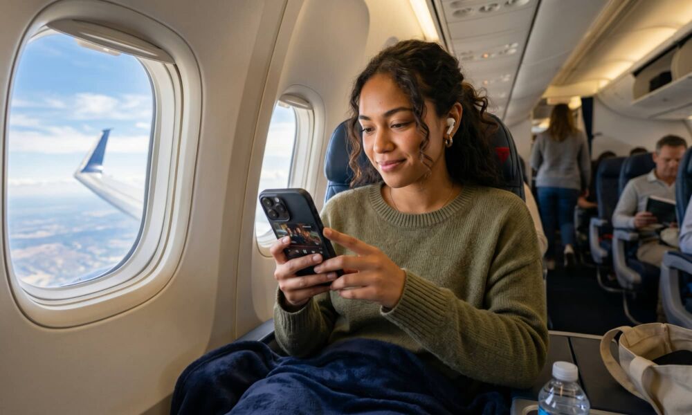 Woman using iPhone offline on airplane for pre-downloaded entertainment.