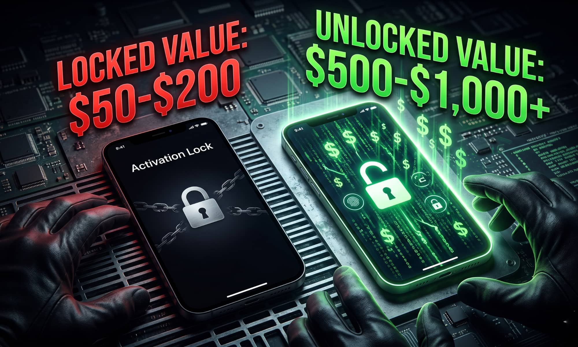 A conceptual graphic showing two iPhones on a dark circuit board background with gloved hands. The left iPhone displays a locked padlock with chains on screen beneath a red text overlay reading "LOCKED VALUE: $50-$200". The right iPhone glows green with digital matrix code and an open padlock beneath a green text overlay reading "UNLOCKED VALUE: $500-$1,000+".