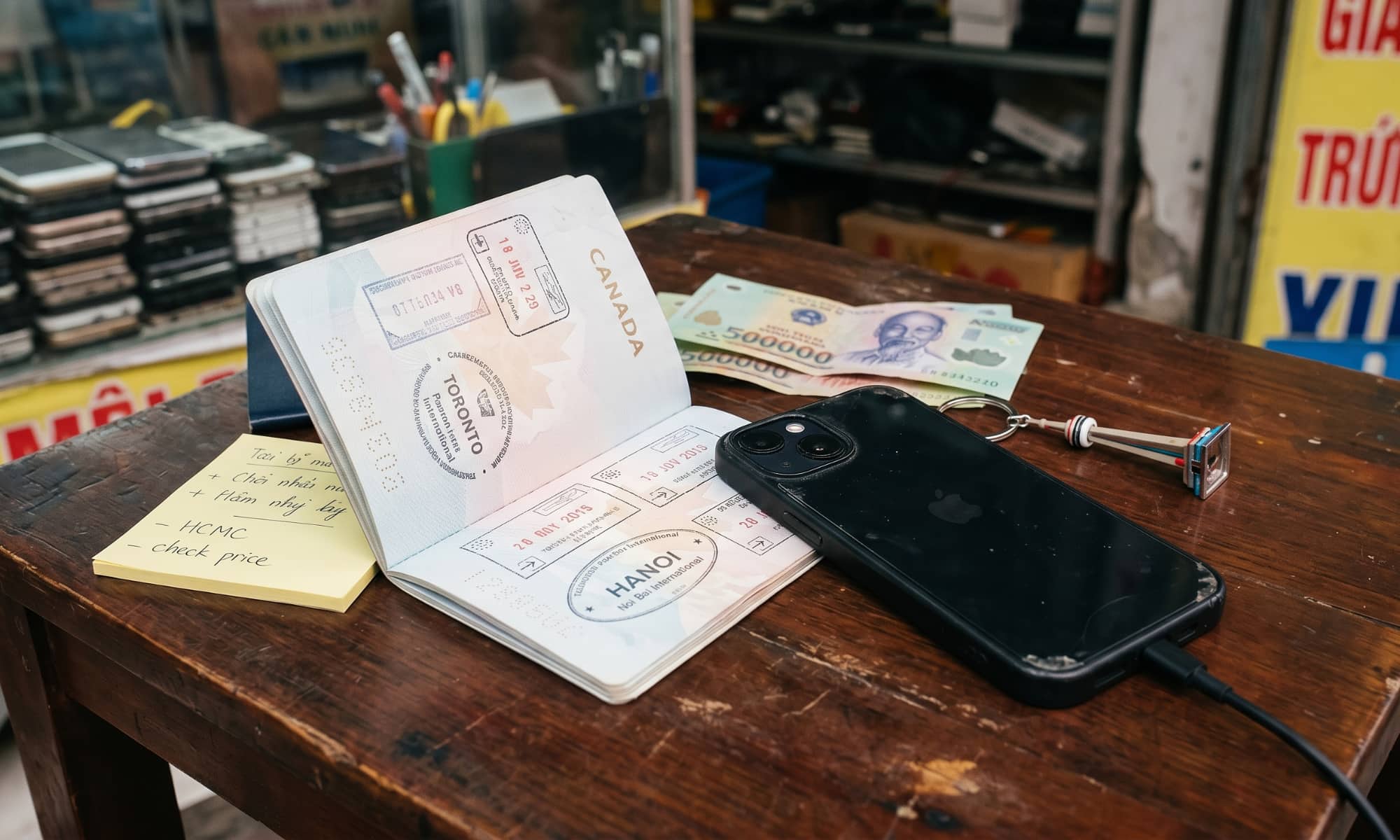 A black iPhone plugged into a charging cable on a rustic wooden desk inside a bustling Vietnamese electronics repair shop. Next to the device lies an open Canadian passport displaying travel stamps from Toronto and Hanoi, along with Vietnamese Dong banknotes and a yellow sticky note reading "HCMC - check price".