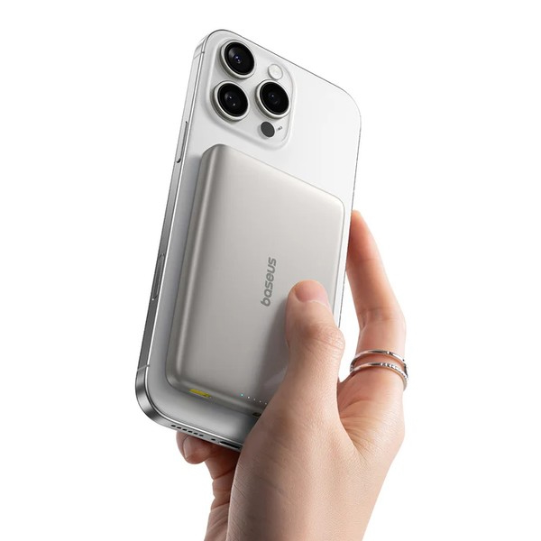 A close-up view of the titanium-colored Baseus Picogo ultra-slim Qi2 magnetic power bank.