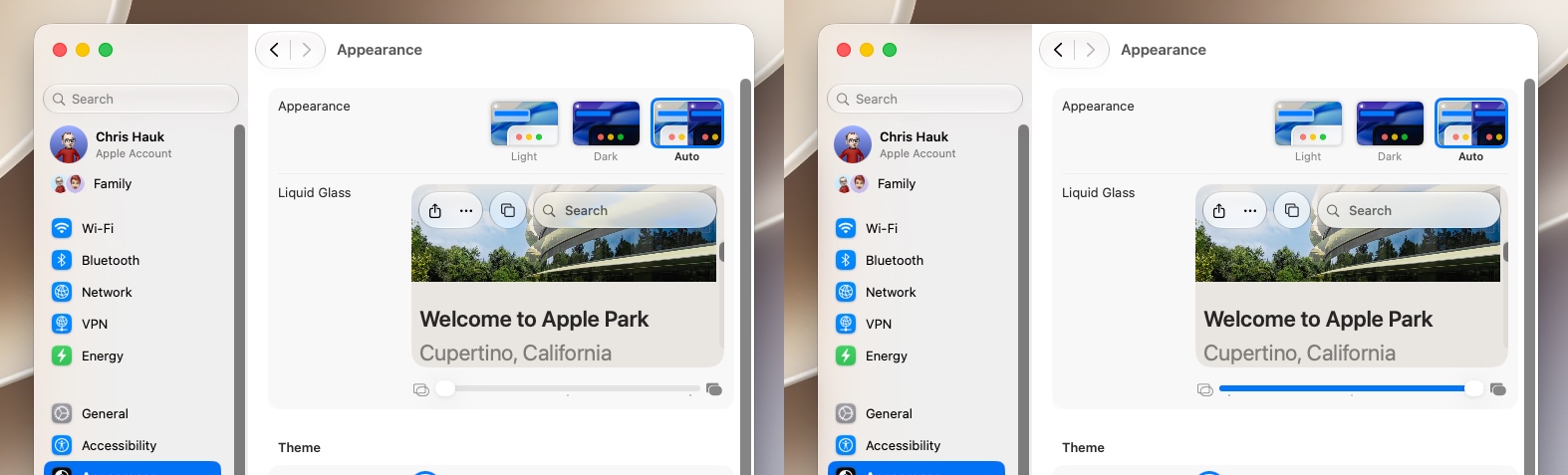 Liquid Glass slider macOS 27