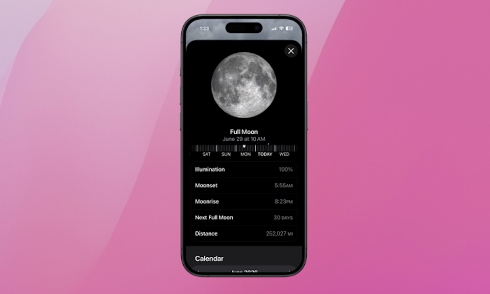 The detailed Moon tracking dashboard within the Apple Weather app showing lunar illumination, phase cycles, and distance tracking.