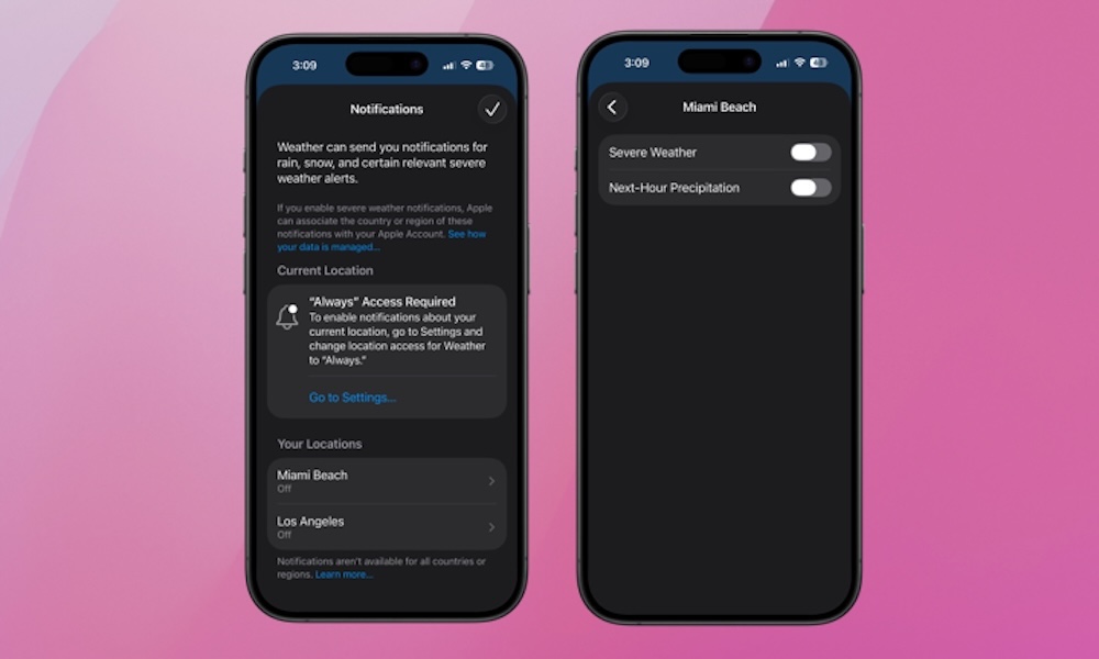 The iOS Settings app interface showing configuration options for Weather app severe weather and next-hour precipitation alerts.