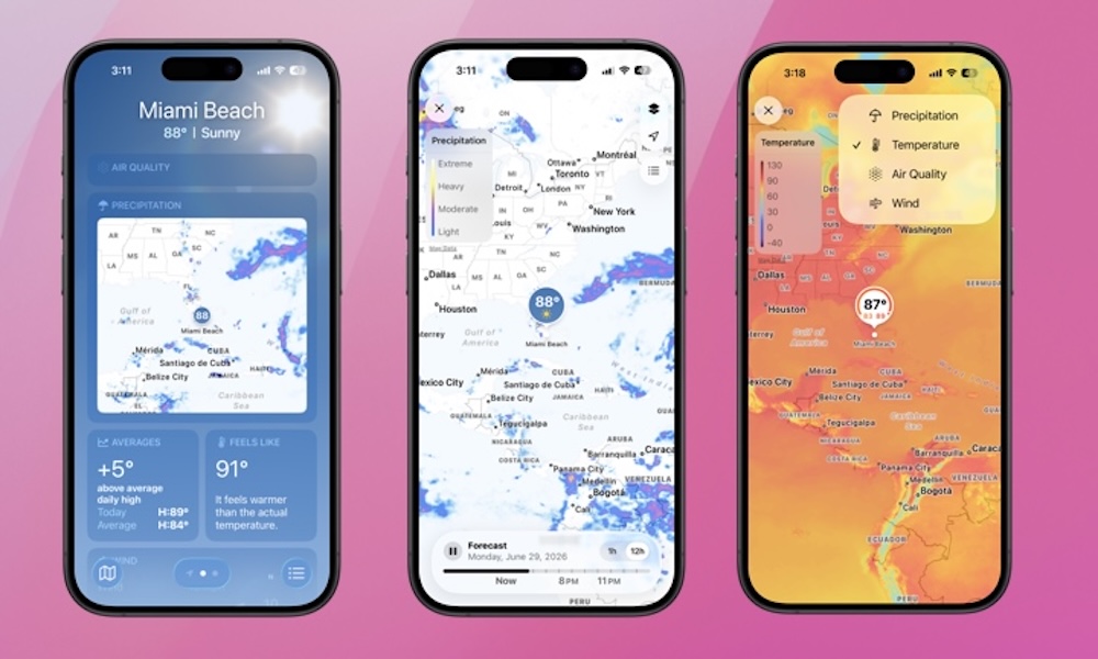A full-screen dynamic precipitation radar map tracking cloud coverage and rainfall inside the iPhone Weather app.