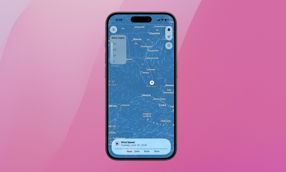 The dynamic wind map interface in the iPhone Weather app displaying real-time wind speed vectors and visual directional flows.