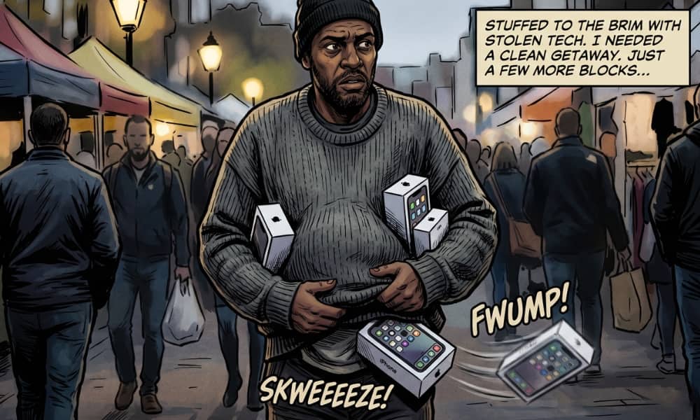 Comic book illustration of a man concealing stolen iPhone boxes inside a bulky sweater on a busy street, depicting an iPhone theft for the Apple Crime Log.