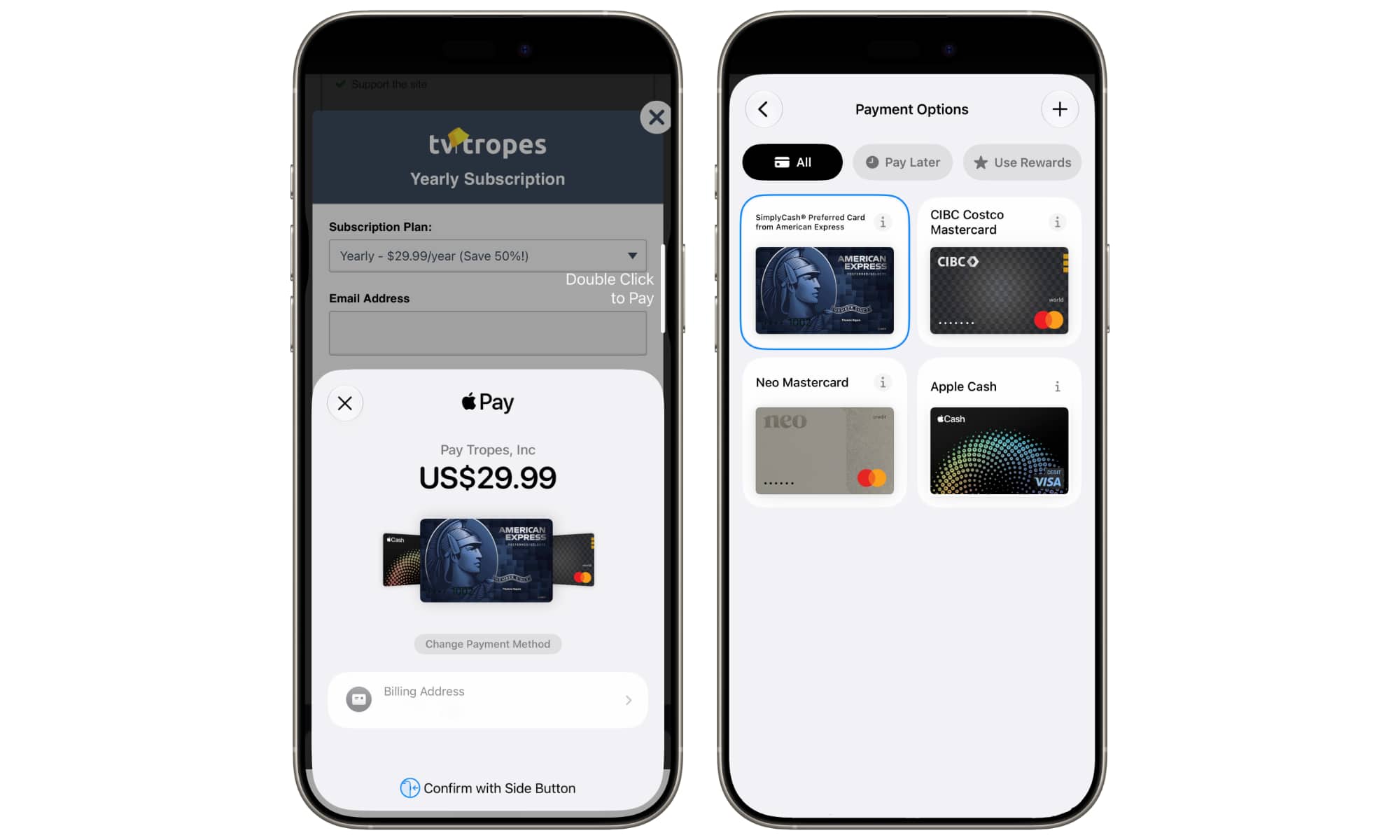 Two iPhones side-by-side showcasing the updated horizontal swipe layout and the clean new grid view card selection interface in the iOS 27 Apple Pay developer beta.