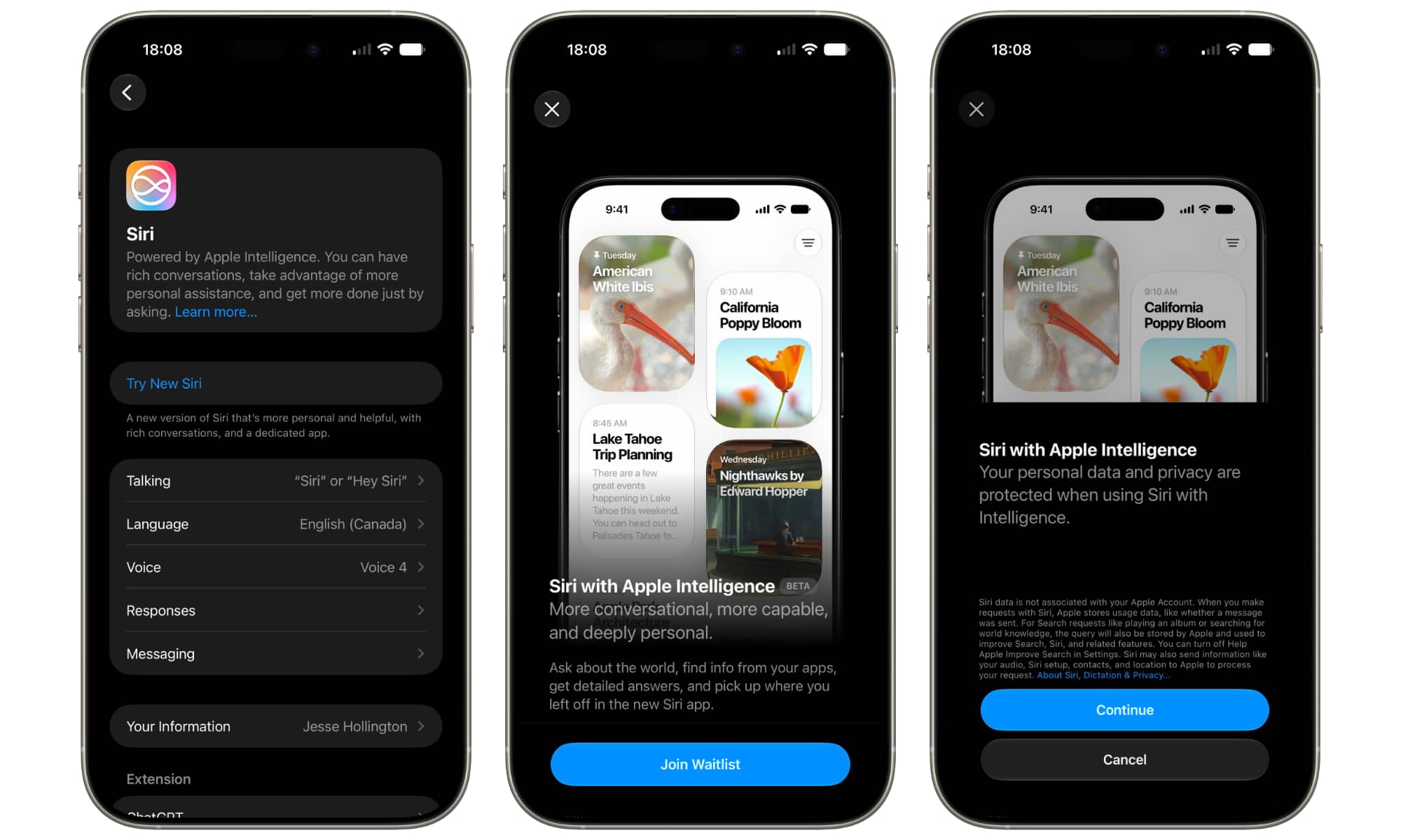 Three iPhones showing the process of signing up for the New Siri Waitlist in iOS 27.