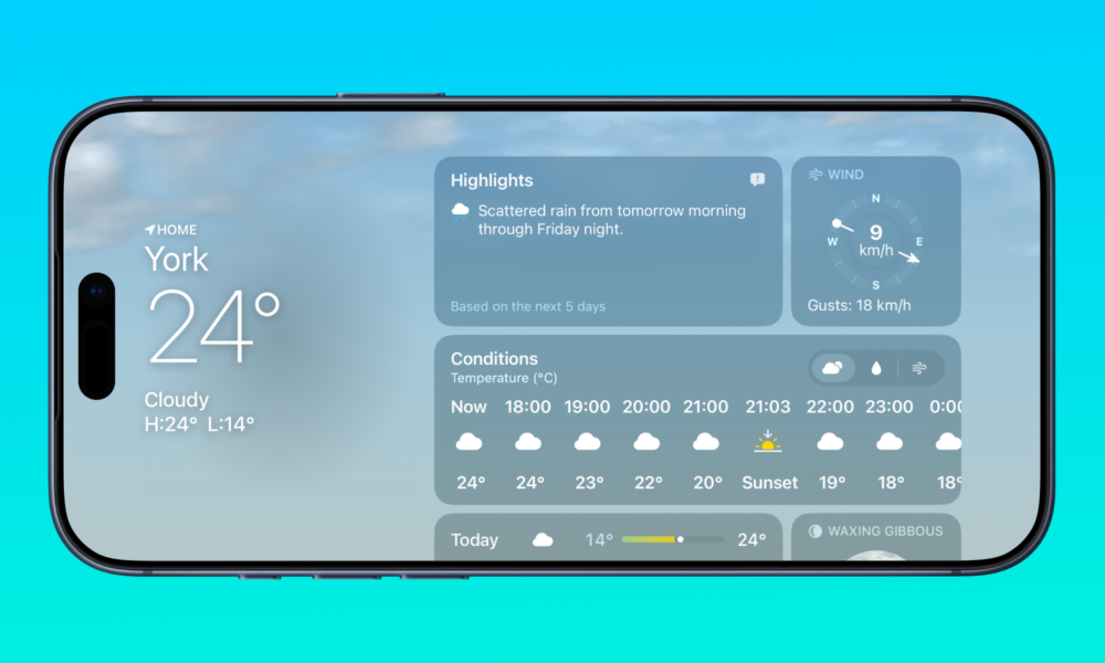 An iPhone 17 Pro Max showing the new Landscape View in the iOS 27 Weather App.