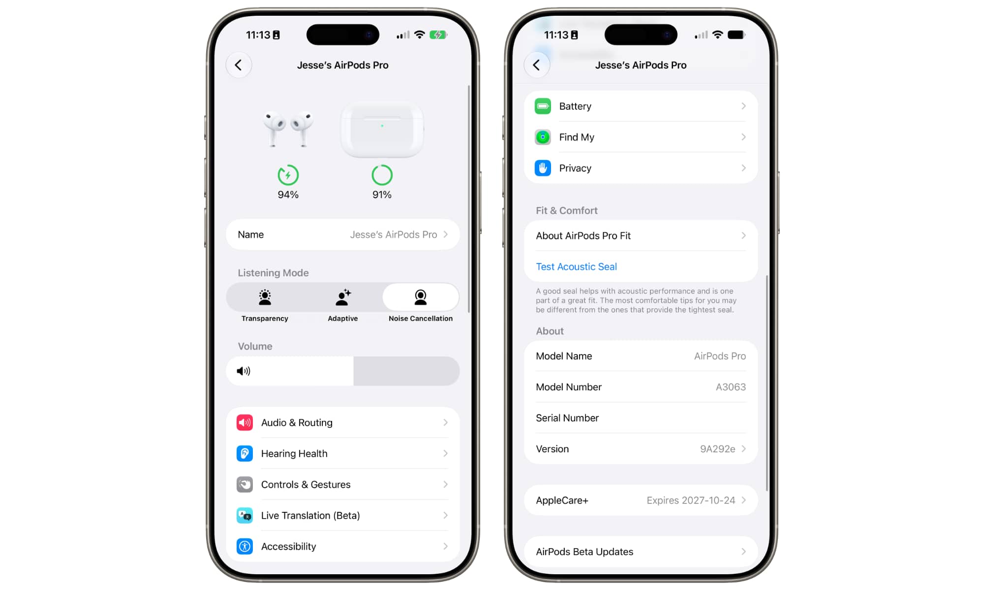 New AirPods Pro 3 settings layout in iOS 27