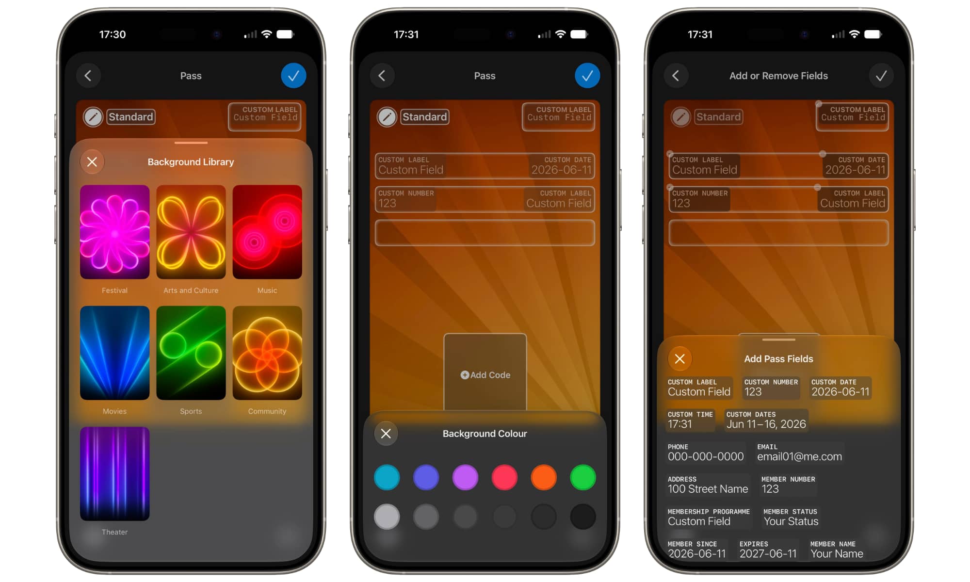 iOS 27 Custom Wallet Pass customization screens for color, background image, and fields.