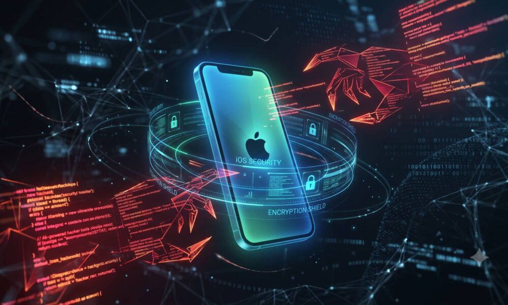 An abstract digital art visualization showing an iPhone’s cyber defense. A glowing iPhone is protected by cool blue and green light barriers (representing encryption and iOS security), while aggressive crimson red and orange code streams and claw-like data structures (representing AI-powered hacking tools) attempt to breach its security in a dark futuristic digital space.