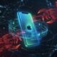 An abstract digital art visualization showing an iPhone’s cyber defense. A glowing iPhone is protected by cool blue and green light barriers (representing encryption and iOS security), while aggressive crimson red and orange code streams and claw-like data structures (representing AI-powered hacking tools) attempt to breach its security in a dark futuristic digital space.