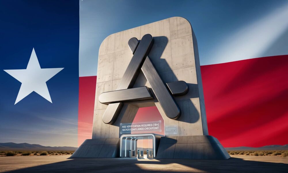 A dramatic, low-angle photograph of a massive concrete monolith shaped exactly like the App Store 'A' icon. The structure stands in a vast desert landscape against a backdrop of a flowing Texas state flag. At its base is a futuristic glowing checkpoint gate with a digital sign that reads "AGE VERIFICATION REQUIRED (18+)" and "SB2420 COMPLIANCE CHECKPOINT."