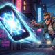 Action-style comic art of a man wearing sunglasses and a 'REPO' patch chasing a levitating, crackling iPhone that has a bright blue flash on its screen. The background is a dark urban alley with glowing Japanese and English neon signs.