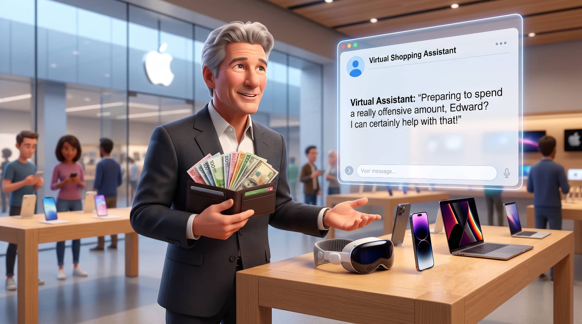An animated image of Edward (Richard Gere) from 'Pretty Woman' in an Apple Store talking to a Virtual Shopping Assistant with his wallet overflowing with cash.