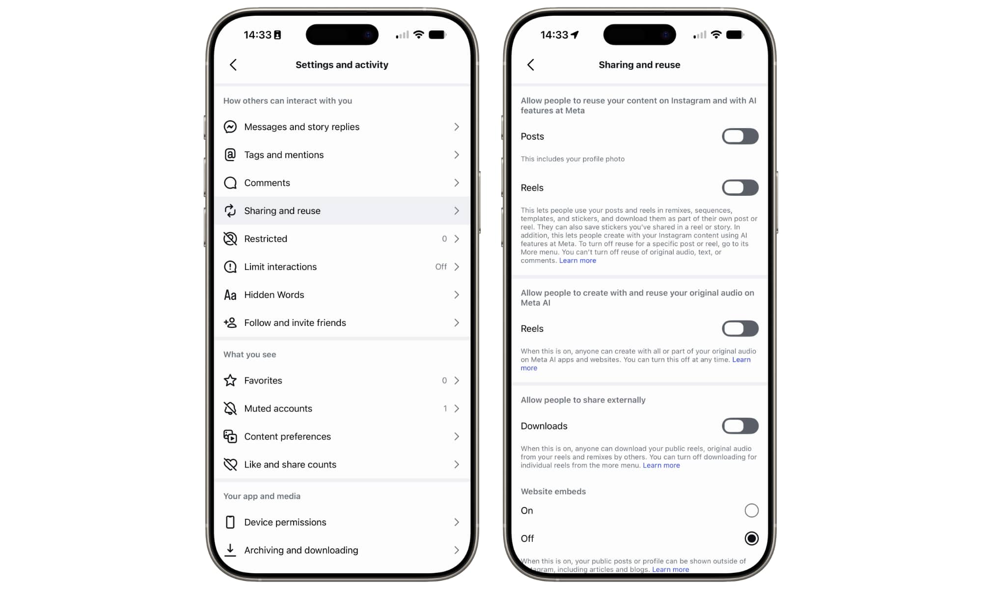Instagram sharing and reuse settings