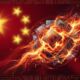 Abstract digital graphic showing glowing RAM modules and computer chips engulfed in fiery digital code against a stylized red background with gold stars inspired by the Chinese flag.