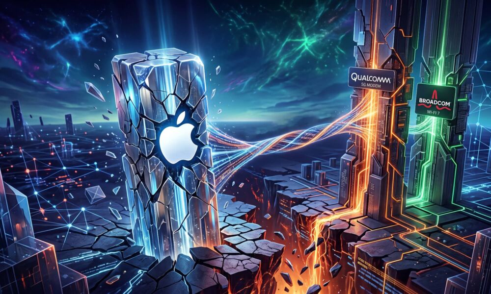 A conceptual abstract illustration visualizing Apple's strategic, extended partnership with Qualcomm for 5G modems and Broadcom for Wi-Fi 7 chips. A fractured central Apple monolith is linked by complex, glowing data-stream bridges to stable digital platforms displaying the Qualcomm and Broadcom logos.