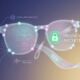 Abstract visual illustration of Apple smart glasses concept artwork, displaying transparent frame schematics overlaid with glowing UI nodes highlighting 