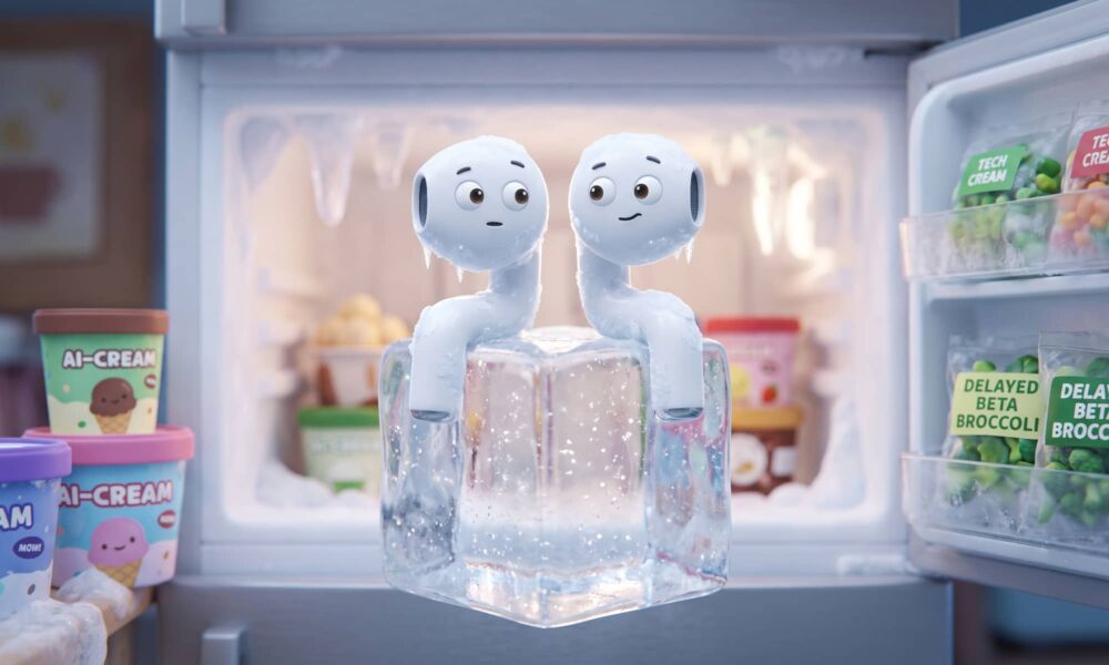 Whimsical cartoon animation visualization of a pair of white wireless earbuds, in the style of AirPods with large expressive eyes, perched on top of a single, clear, frosted ice cube inside a very cold domestic freezer compartment. The background is a frosted freezer interior.