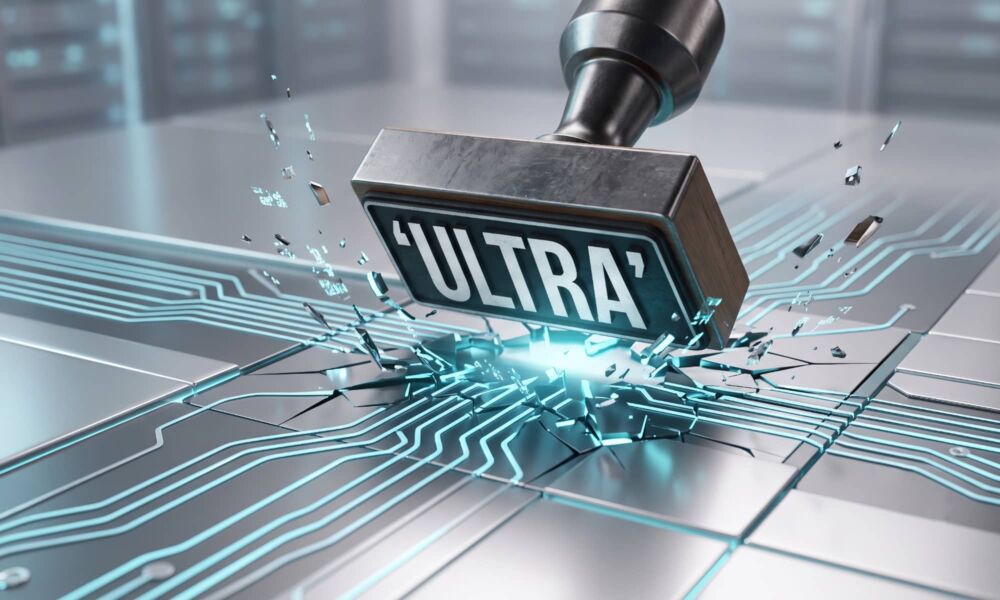 A conceptual image featuring a giant, abstract rubber stamp labeled 'ULTRA' (in bold, stylized text) being pressed down and distorting a sleek, futuristic glowing circuit grid. The stamp is too large for the system, visually breaking the clean technological surface. Clean white and metallic materials mix with cyan light. Landscape orientation.