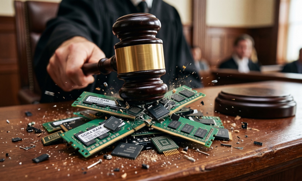 A wooden judge's desk showing a gavel coming down on a pile of memory chips.