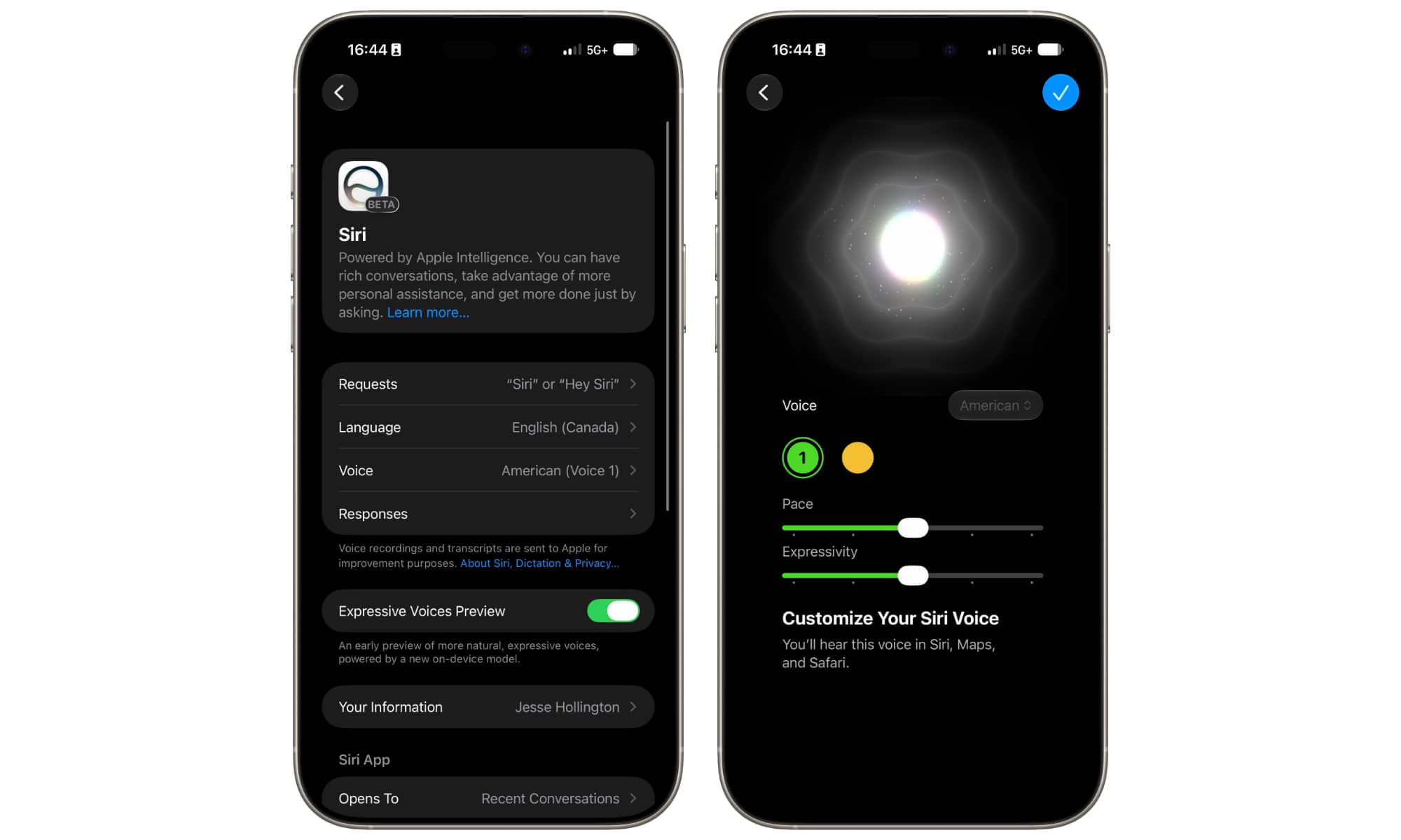 iPhones showing Siri Expressive Voices settings in iOS 27 beta 3.