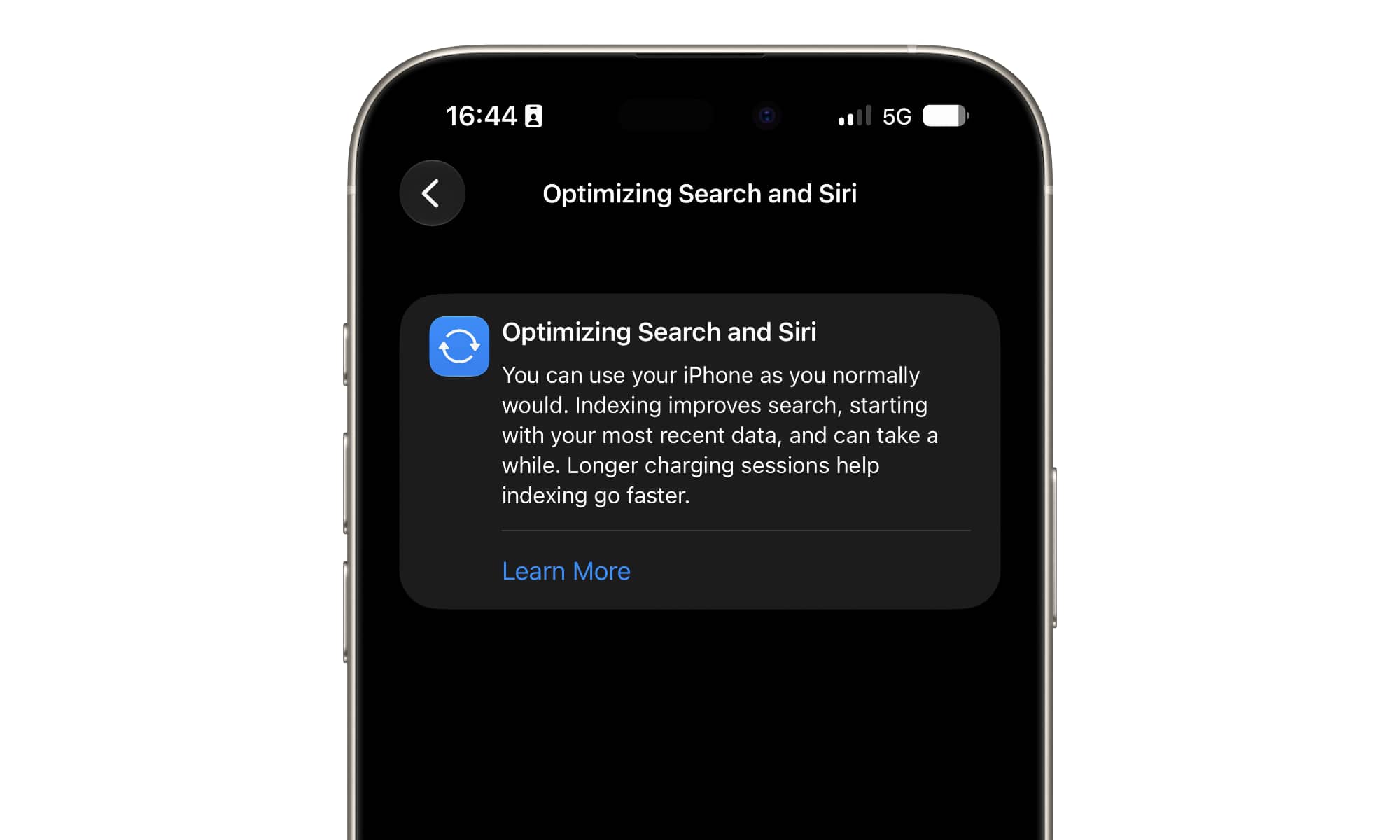 iPhone showing Optimizing Search and Siri screen in iOS 27 beta 3.