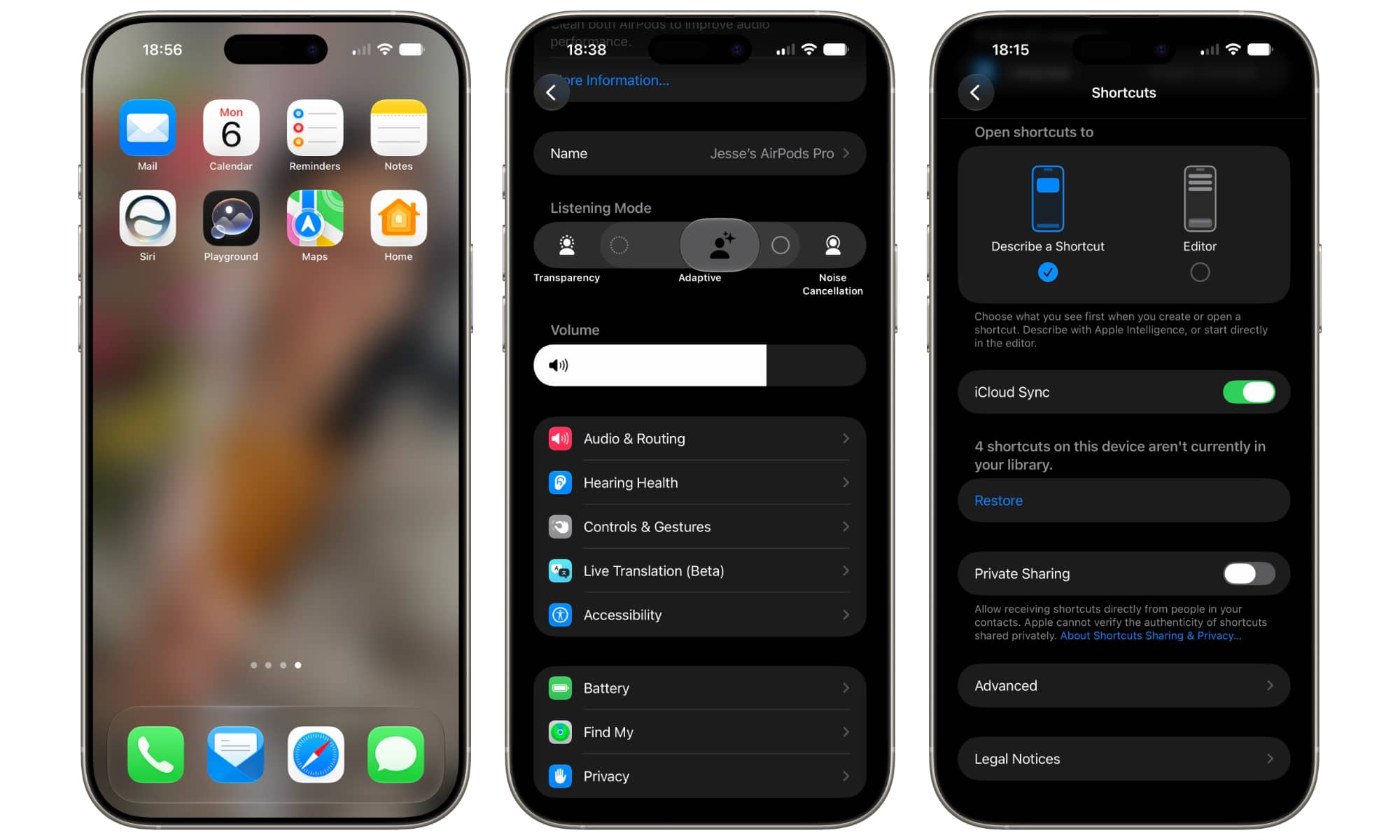 iPhones showing iOS 27 Reminders icon, AirPods Adaptive Audio slider, and Shortcuts settings in iOS 27 beta 3.