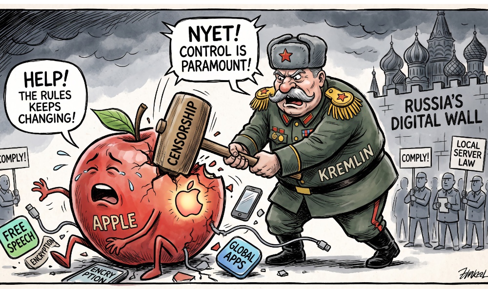Cartoon of a Russian Genearl smashing a mallet over a crying Apple, representing the Kremlin's demands for control over the iPhone.