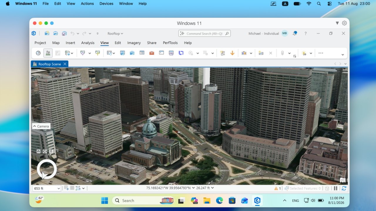 A desktop screenshot showing Parallels Desktop 27 seamlessly running a Windows 11 virtual machine on a Mac operating system.
