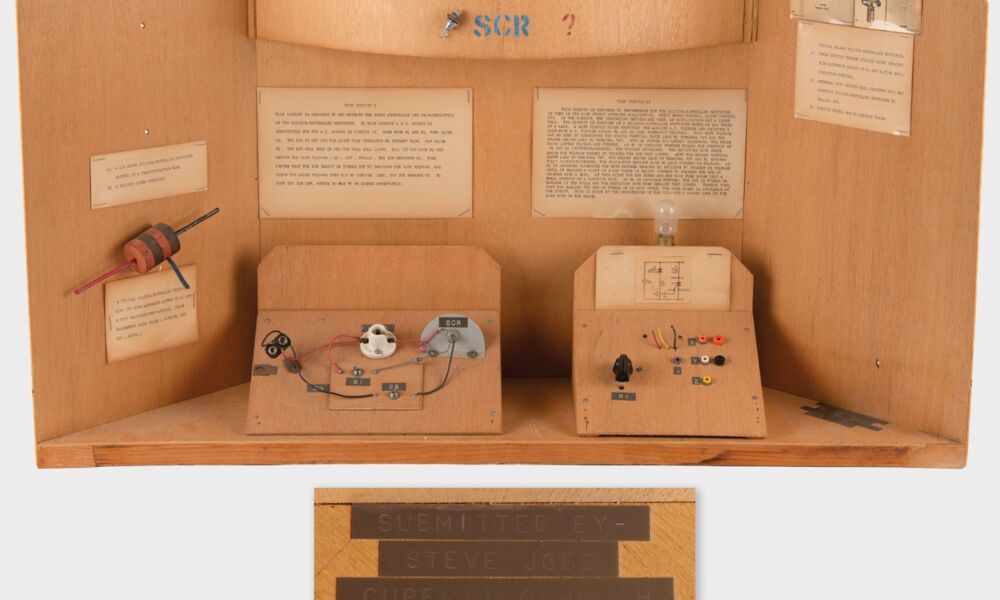 Plywood display board of Steve Jobs' 1968 eighth-grade science fair project on Silicon-Controlled Rectifiers.