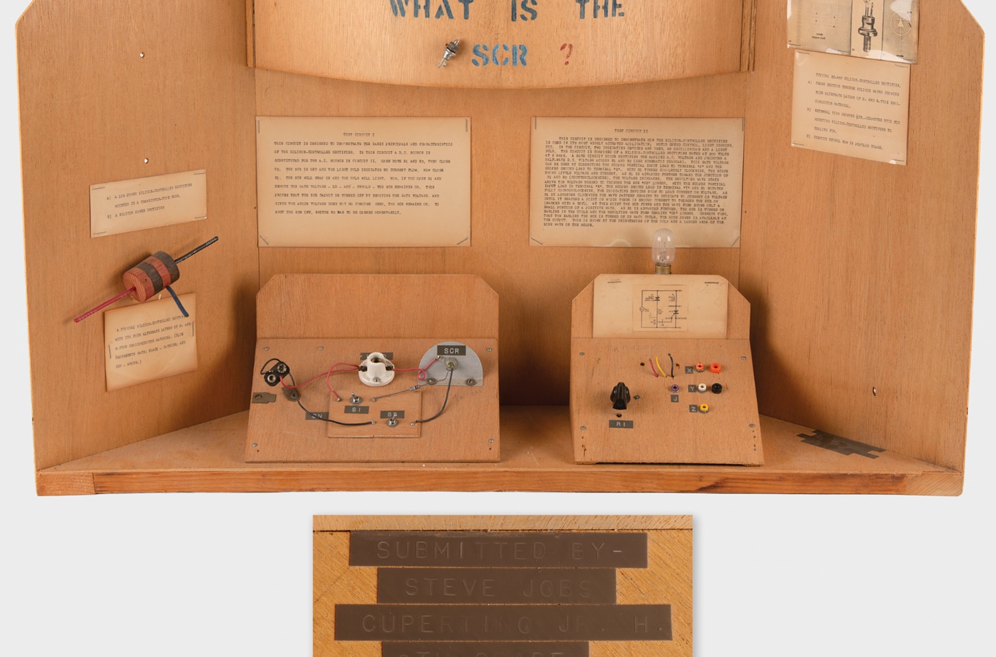 Plywood display board of Steve Jobs' 1968 eighth-grade science fair project on Silicon-Controlled Rectifiers.