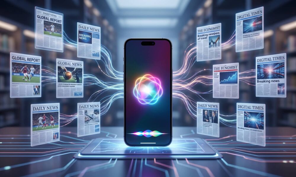 A conceptual illustration of an iPhone displaying the text 'Siri AI' and a colorful Apple Intelligence glowing waveform on its screen. The device rests on a futuristic circuit-board plinth, with glowing data streams connecting it to multiple floating digital newspaper pages with headlines like 'DAILY NEWS' and 'GLOBAL REPORT' in a library setting. This visual represents Apple’s partnerships with publishers to enhance Siri AI’s real-time knowledge base in iOS 27.