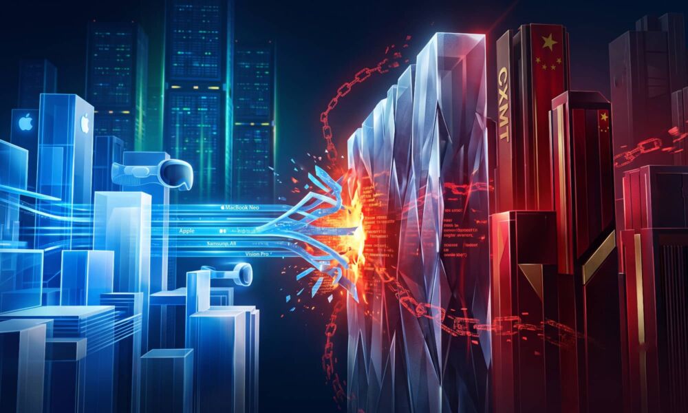 A conceptual 3D illustration of the Apple vs. China tech supply chain dispute. Blue data streams labeled "MacBook Neo" from floating Apple devices clash against a dark, central barrier wrapped in red chains. Behind the barrier, red city buildings display logos for CXMT, HUAWEI, and Xiaomi under a Chinese flag.