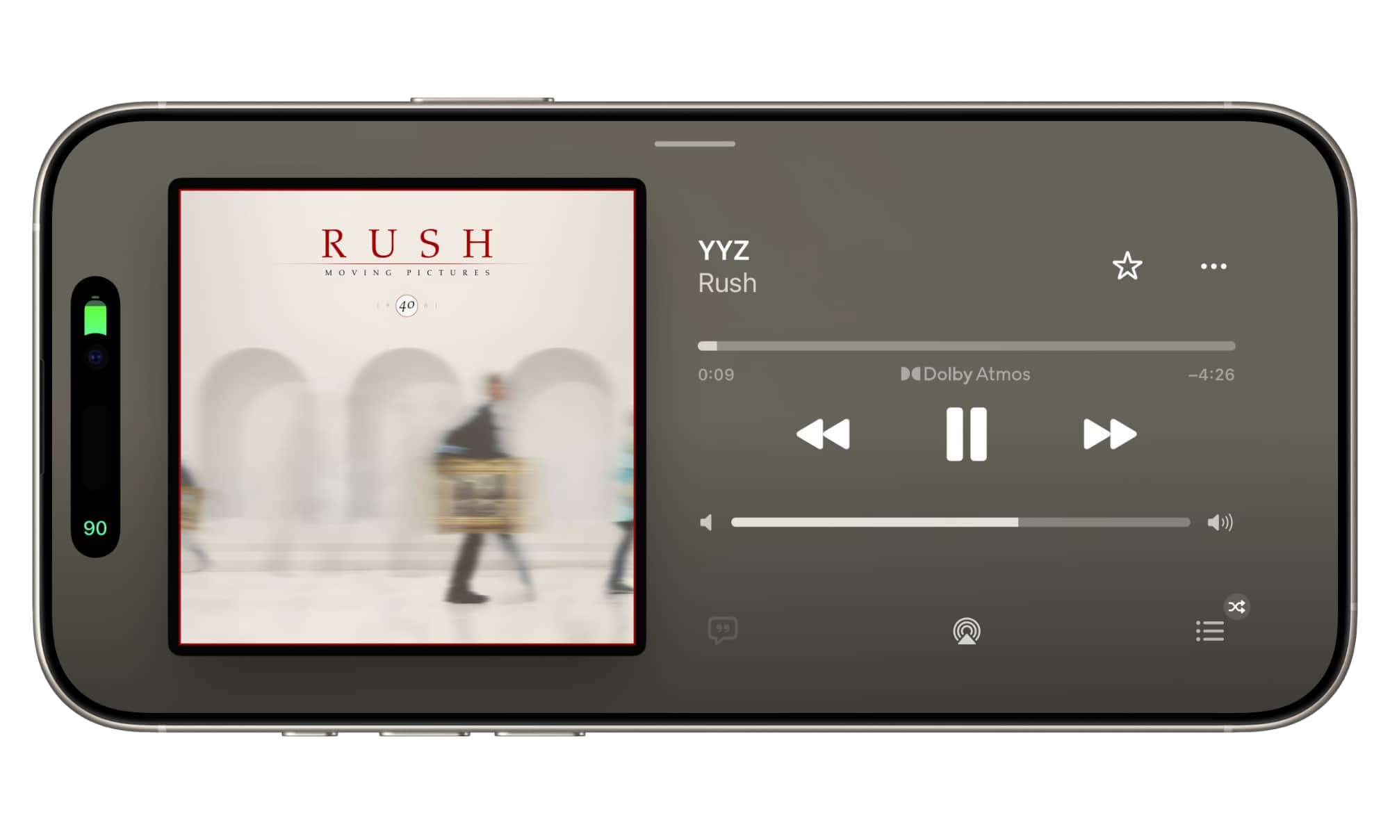 An iPhone showing the iOS 27 Apple Music Now Playing Screen in Landscape view with YYZ by Rush from the album Moving Pictures. 